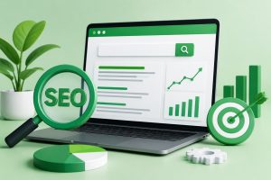 SEO dengan ilustrasi optimasi website, pencarian Google, grafik traffic, dan target peringkat.