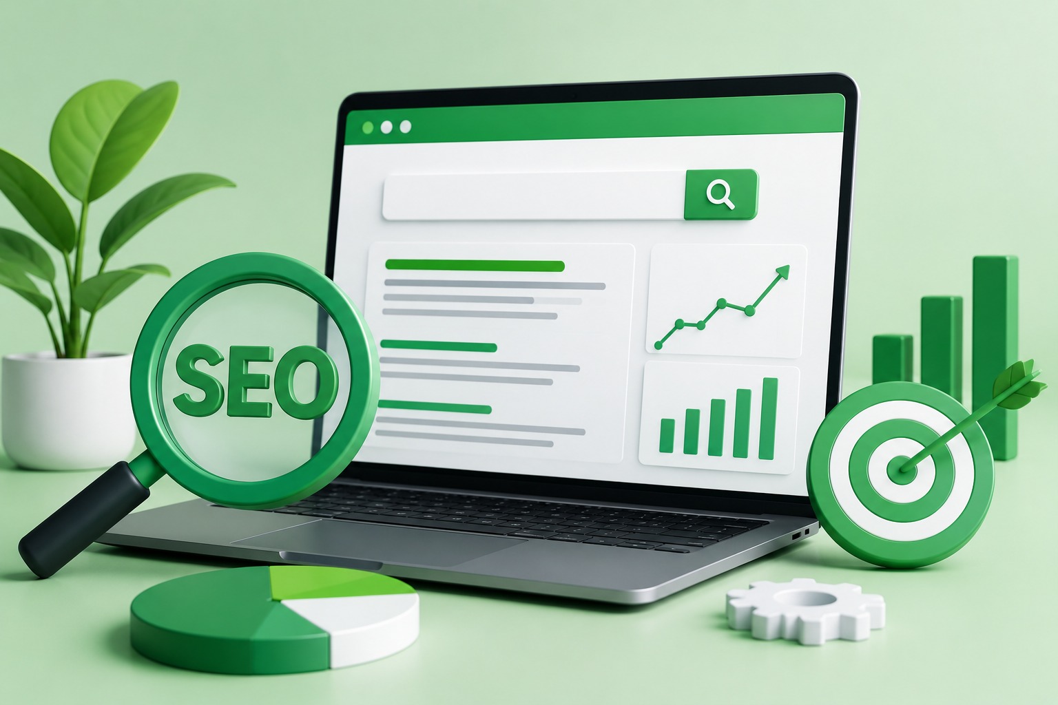 SEO dengan ilustrasi optimasi website, pencarian Google, grafik traffic, dan target peringkat.