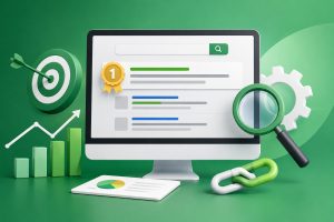 Representasi grafis SEO: Peringkat teratas di halaman hasil pencarian dengan simbol strategi, pertumbuhan, dan membangun tautan (link building).