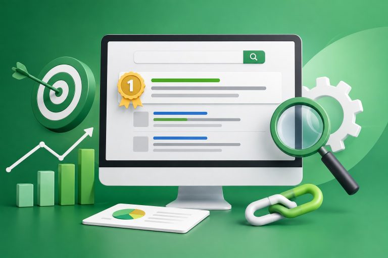 Representasi grafis SEO: Peringkat teratas di halaman hasil pencarian dengan simbol strategi, pertumbuhan, dan membangun tautan (link building).