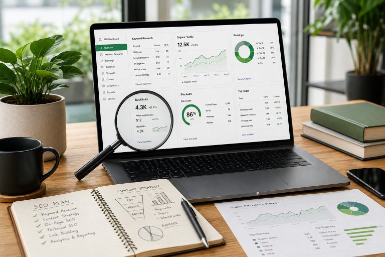 Dashboard analitik SEO di layar laptop yang menampilkan laporan traffic organik, audit situs, backlink, dan buku rencana strategi SEO.